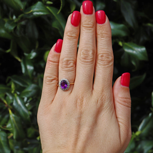 Vintage Amethyst & Diamond 9ct Gold Halo Ring