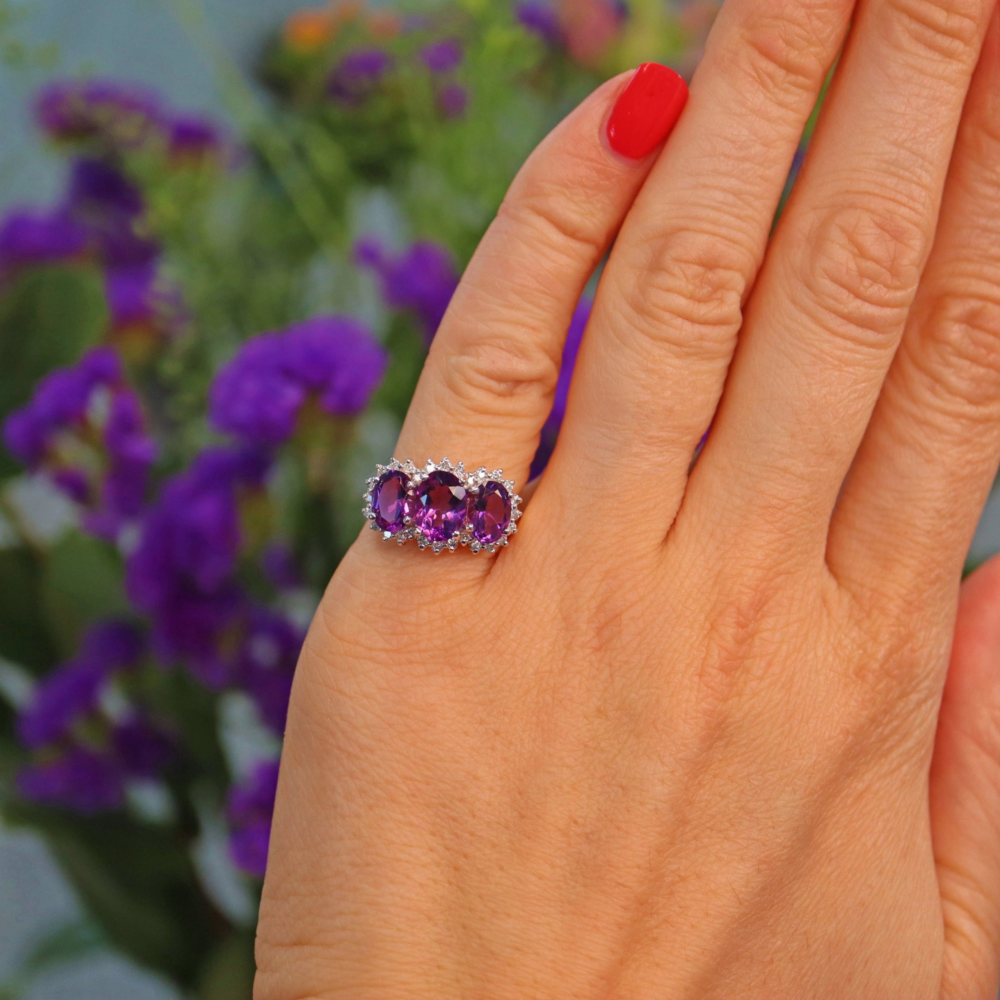 Ellibelle Jewellery Vintage Amethyst & Diamond Gold Triple Cluster Ring