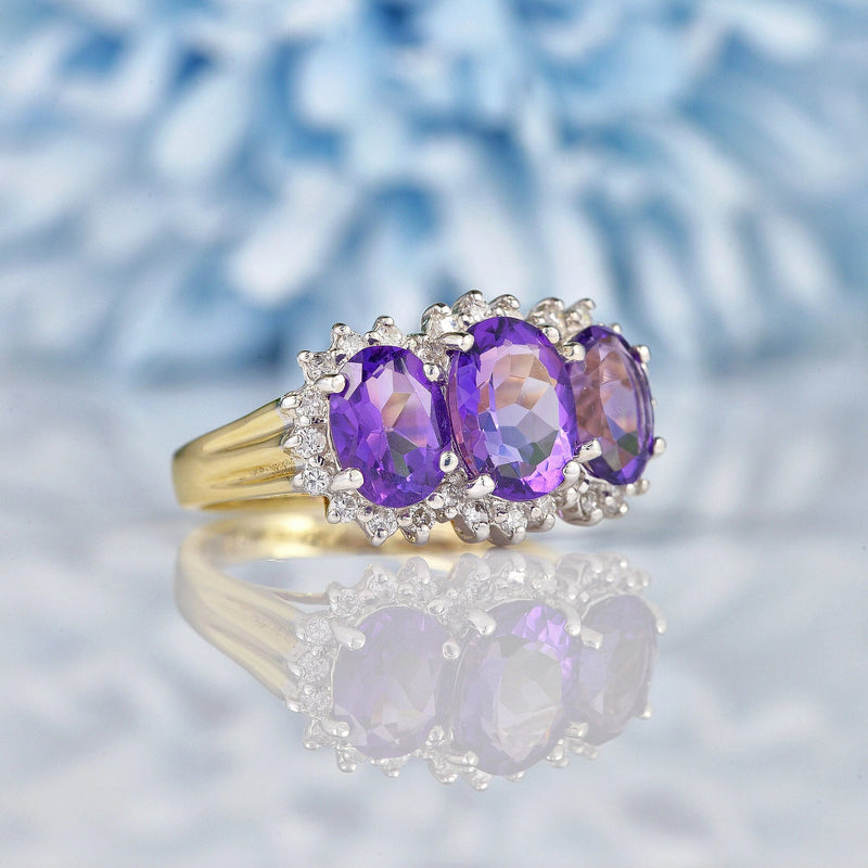 Ellibelle Jewellery Vintage Amethyst & Diamond Gold Triple Cluster Ring