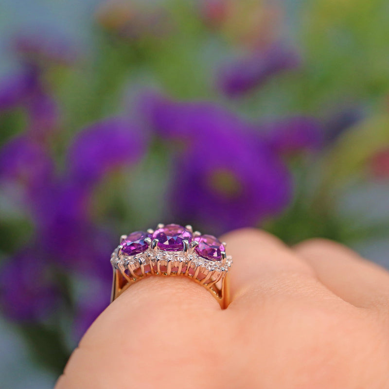 Ellibelle Jewellery Vintage Amethyst & Diamond Gold Triple Cluster Ring
