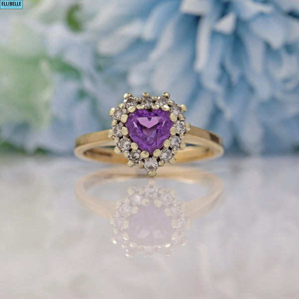 VINTAGE AMETHYST & DIAMOND HEART 9CT GOLD CLUSTER RING