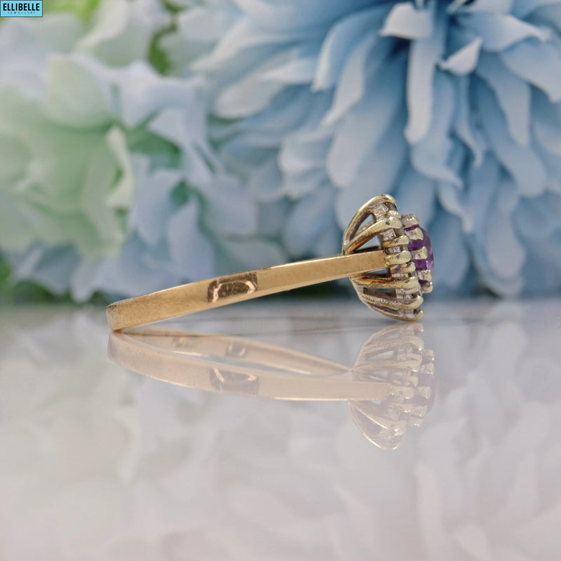 VINTAGE AMETHYST & DIAMOND HEART 9CT GOLD CLUSTER RING