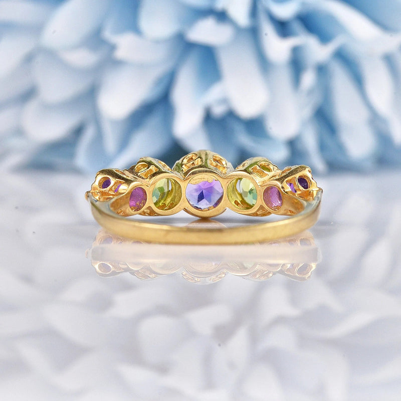 Ellibelle Jewellery Vintage Amethyst & Peridot 9ct Gold Suffragette Style Ring