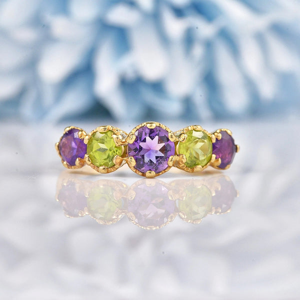 Ellibelle Jewellery Vintage Amethyst & Peridot 9ct Gold Suffragette Style Ring