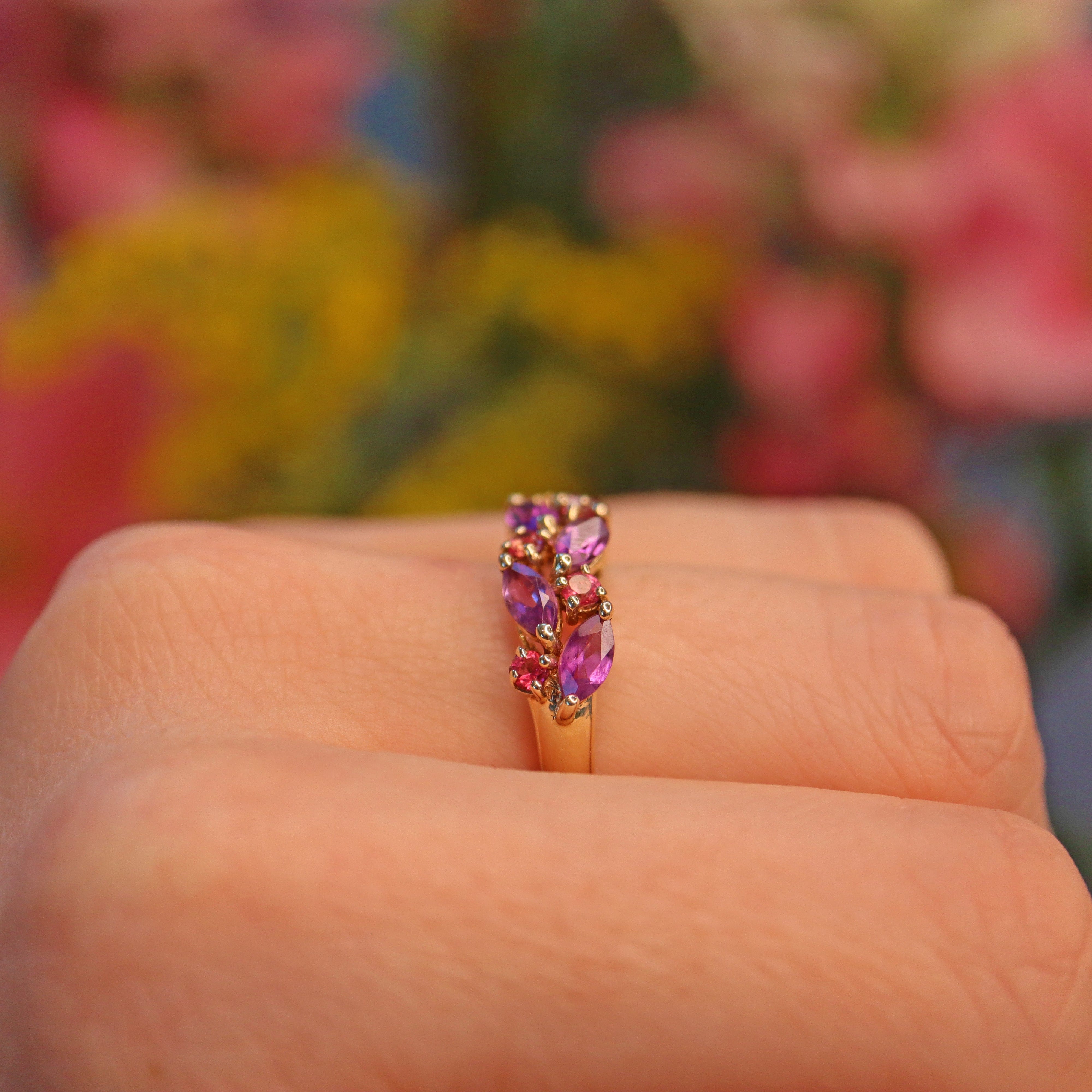Ellibelle Jewellery Vintage Amethyst & Ruby 9ct Gold Cluster Ring