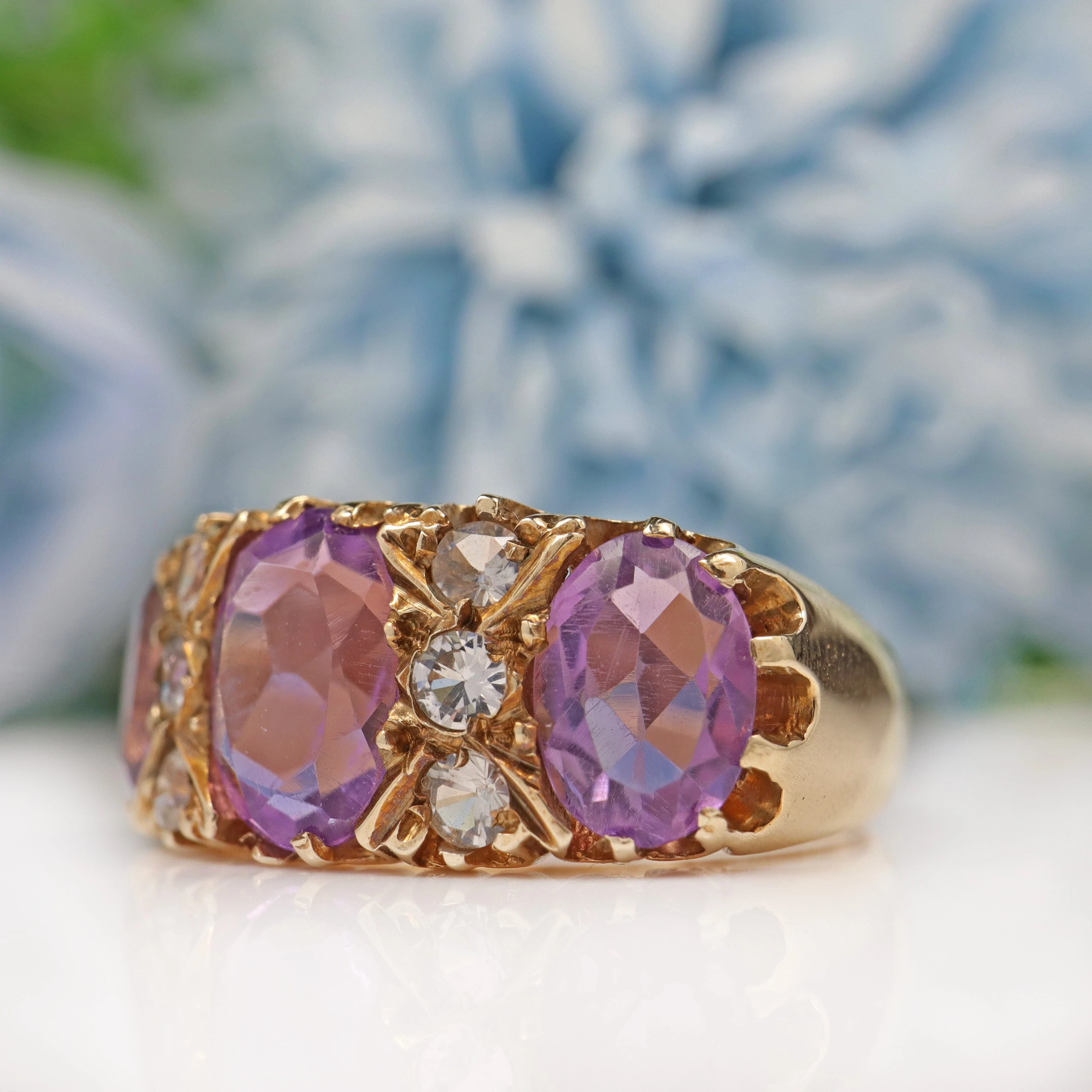 Vintage Amethyst & White Crystal 9ct Gold Dress Ring - 1973
