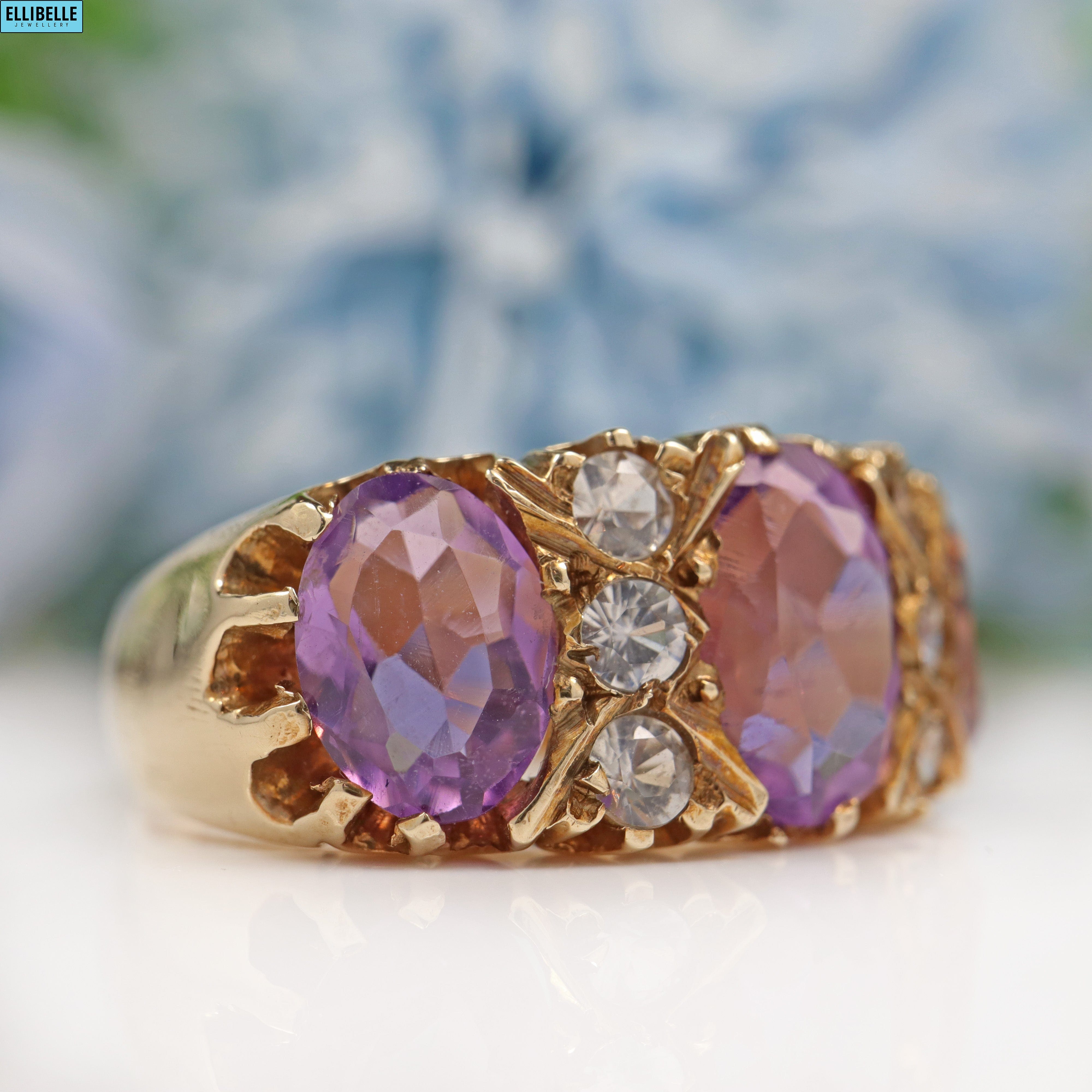 Vintage Amethyst & White Crystal 9ct Gold Dress Ring - 1973