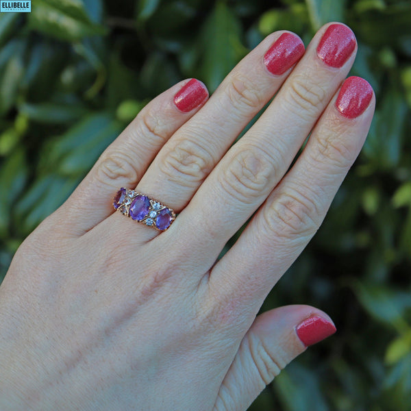 Vintage Amethyst & White Crystal 9ct Gold Dress Ring - 1973