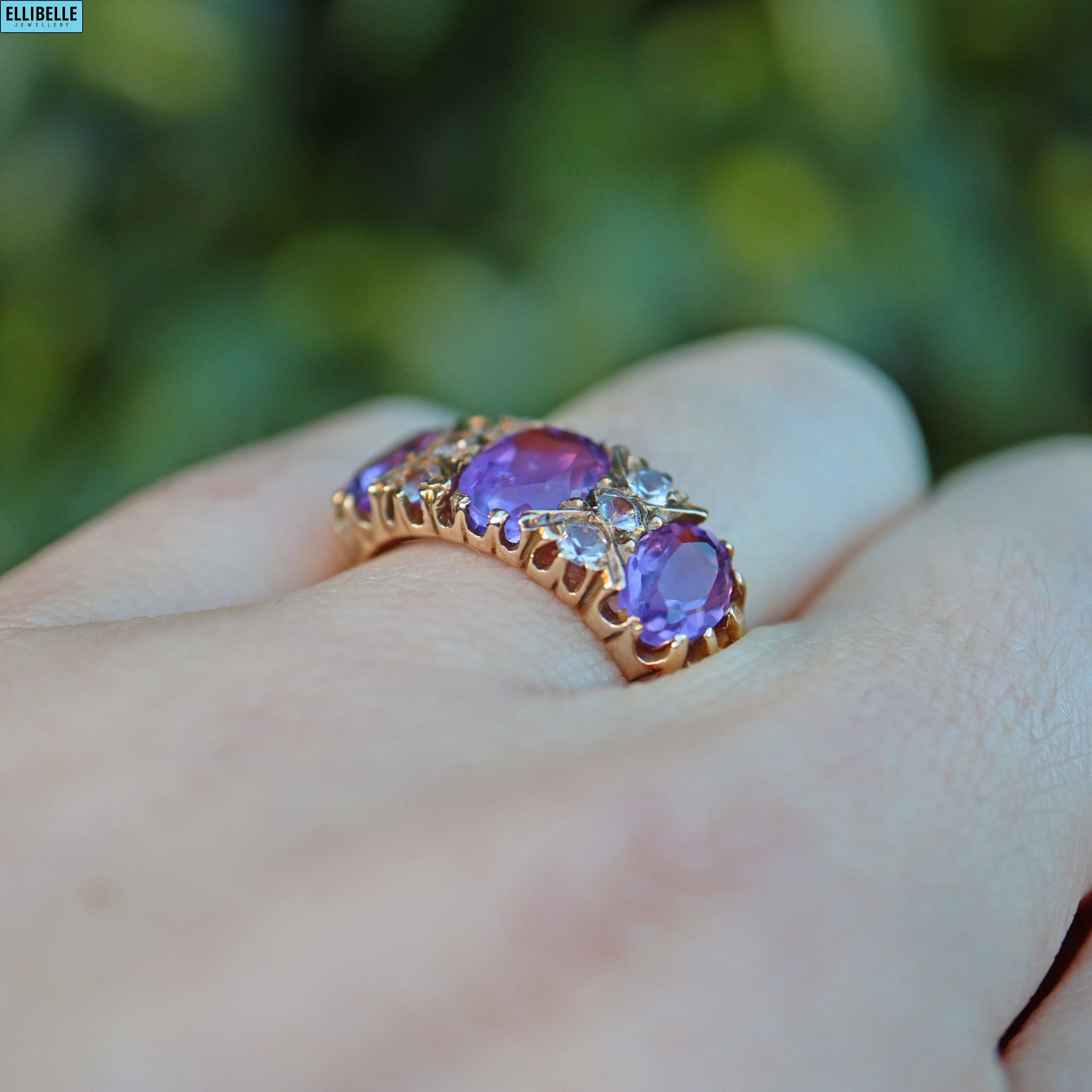 Vintage Amethyst & White Crystal 9ct Gold Dress Ring - 1973