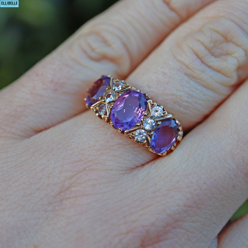 Vintage Amethyst & White Crystal 9ct Gold Dress Ring - 1973