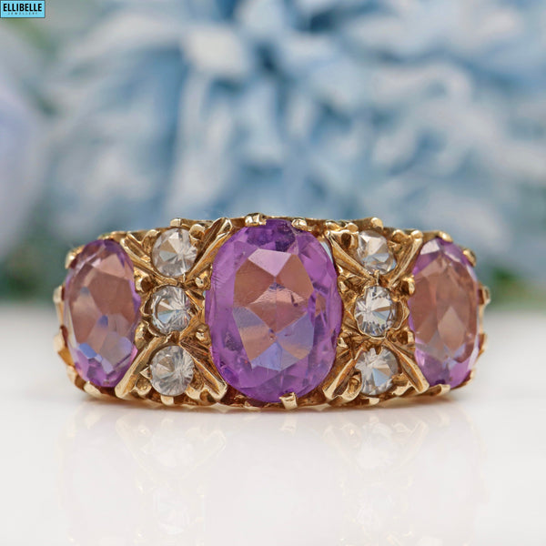 Vintage Amethyst & White Crystal 9ct Gold Dress Ring - 1973