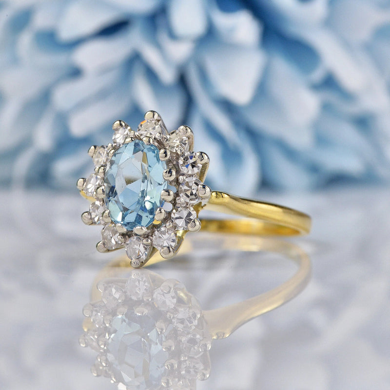 Ellibelle Jewellery Vintage Aquamarine & Diamond 18ct Gold Cluster Ring