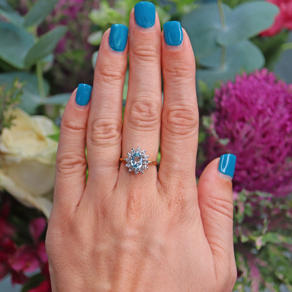 Ellibelle Jewellery Vintage Aquamarine & Diamond 18ct Gold Cluster Ring