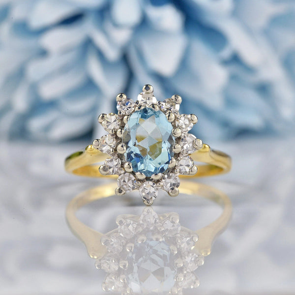 Ellibelle Jewellery Vintage Aquamarine & Diamond 18ct Gold Cluster Ring
