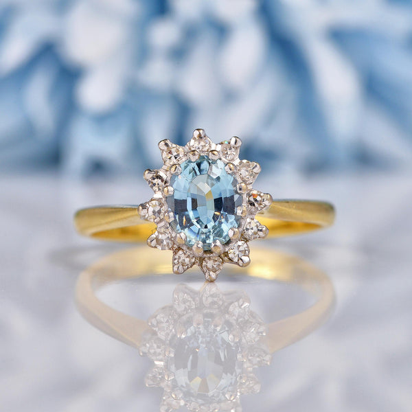 Ellibelle Jewellery Vintage Aquamarine & Diamond 18ct Gold Cluster Ring