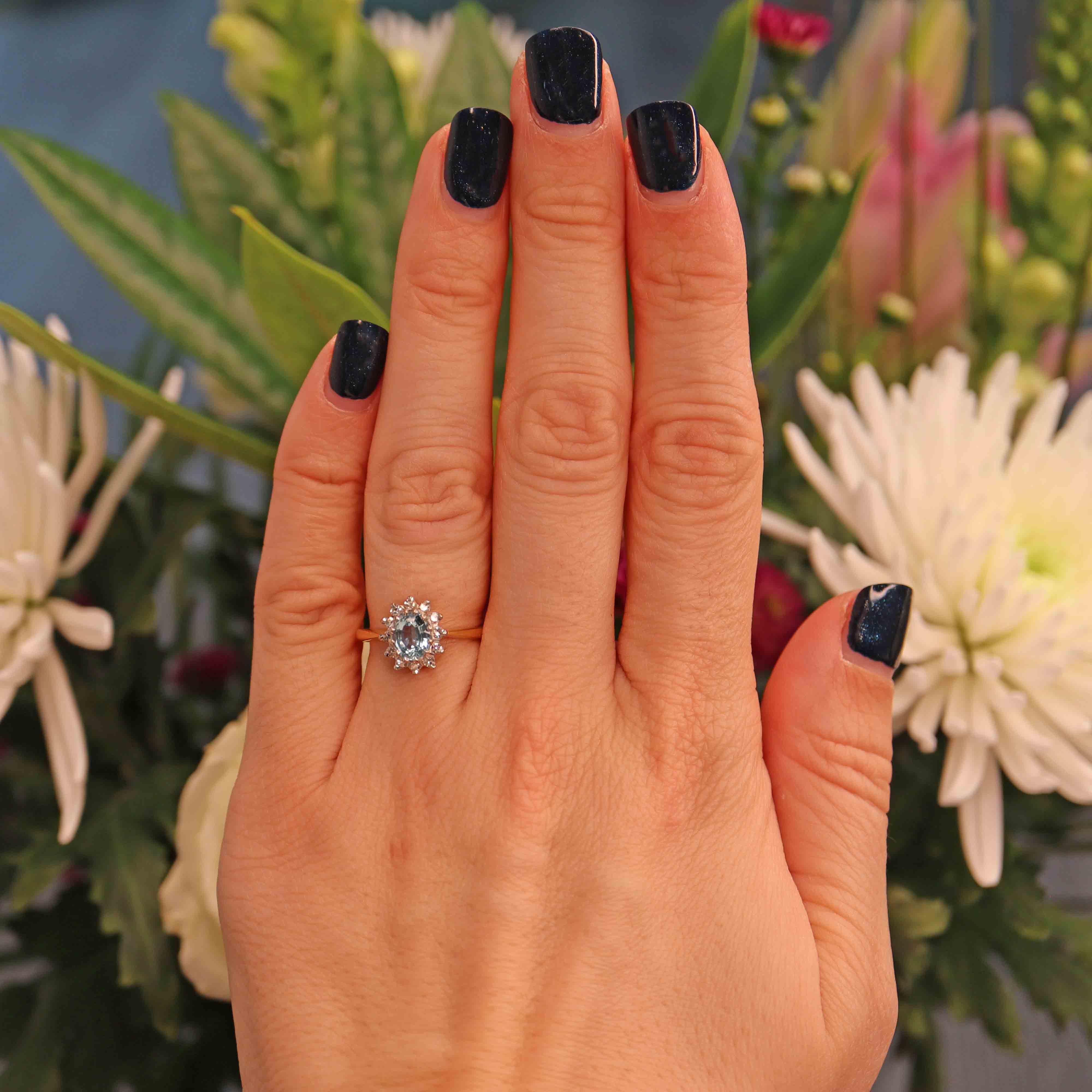 Ellibelle Jewellery Vintage Aquamarine & Diamond 18ct Gold Cluster Ring