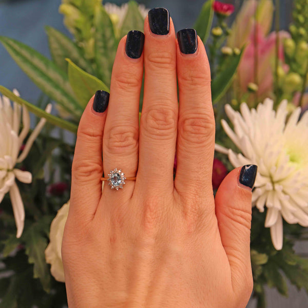 Ellibelle Jewellery Vintage Aquamarine & Diamond 18ct Gold Cluster Ring