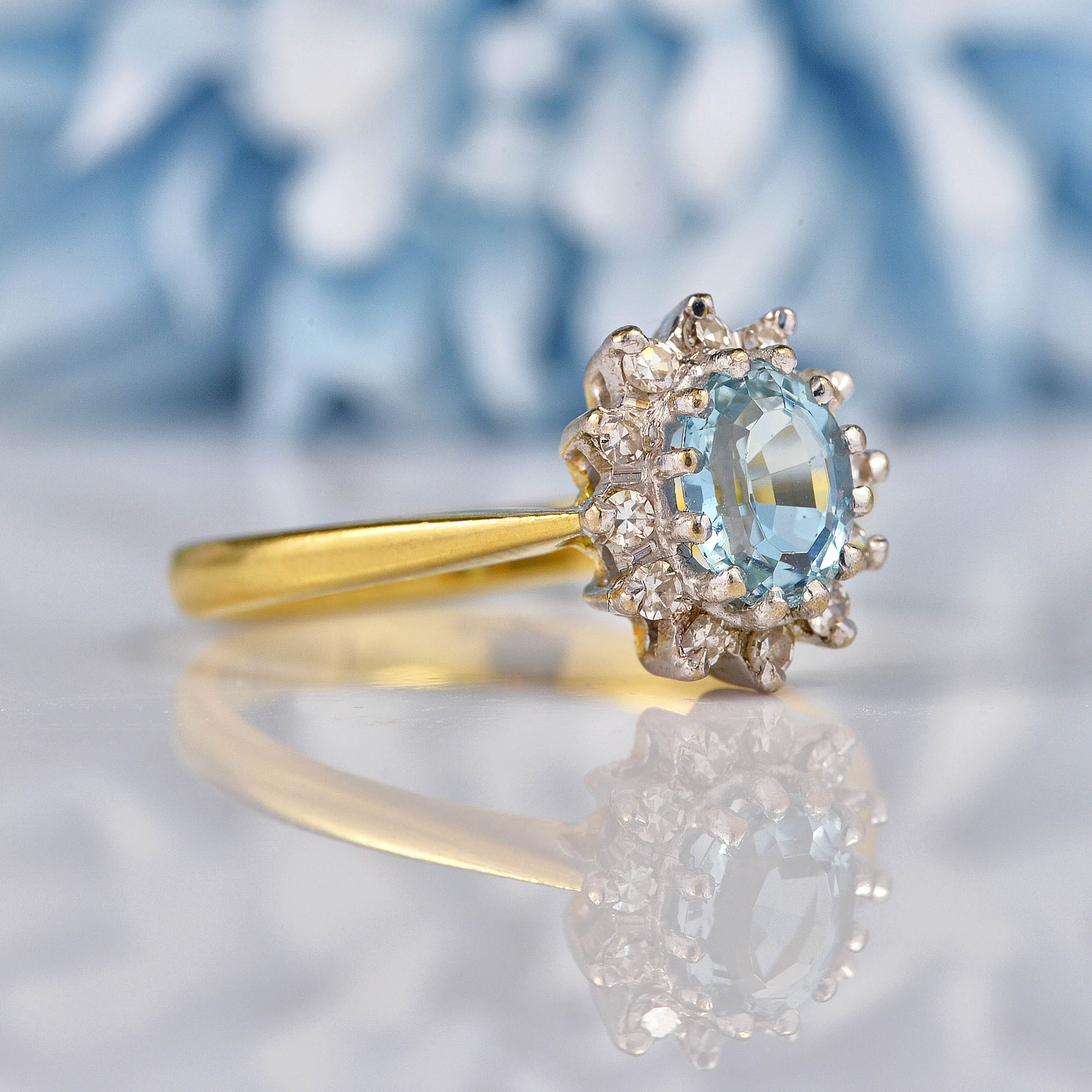 Ellibelle Jewellery Vintage Aquamarine & Diamond 18ct Gold Cluster Ring