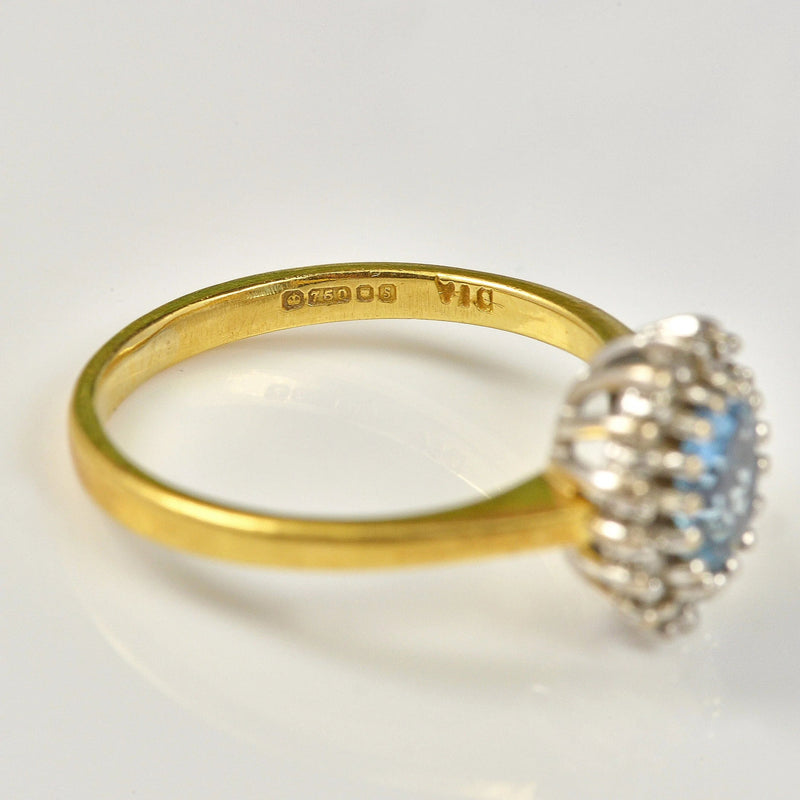 Ellibelle Jewellery VINTAGE AQUAMARINE & DIAMOND 18CT GOLD HALO CLUSTER RING