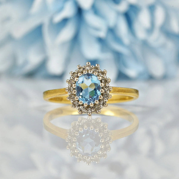 Ellibelle Jewellery VINTAGE AQUAMARINE & DIAMOND 18CT GOLD HALO CLUSTER RING