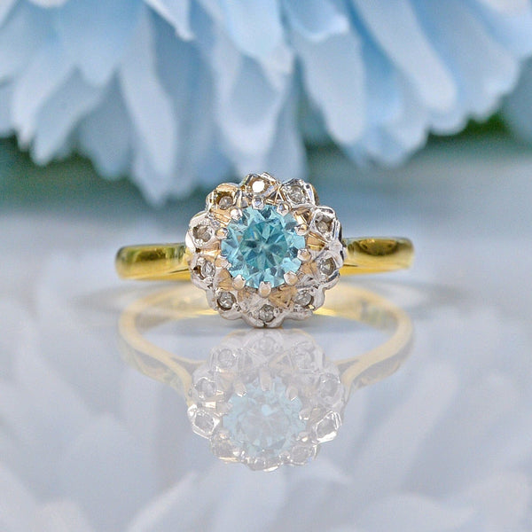 Ellibelle Jewellery VINTAGE AQUAMARINE & DIAMOND 18CT GOLD HALO RING