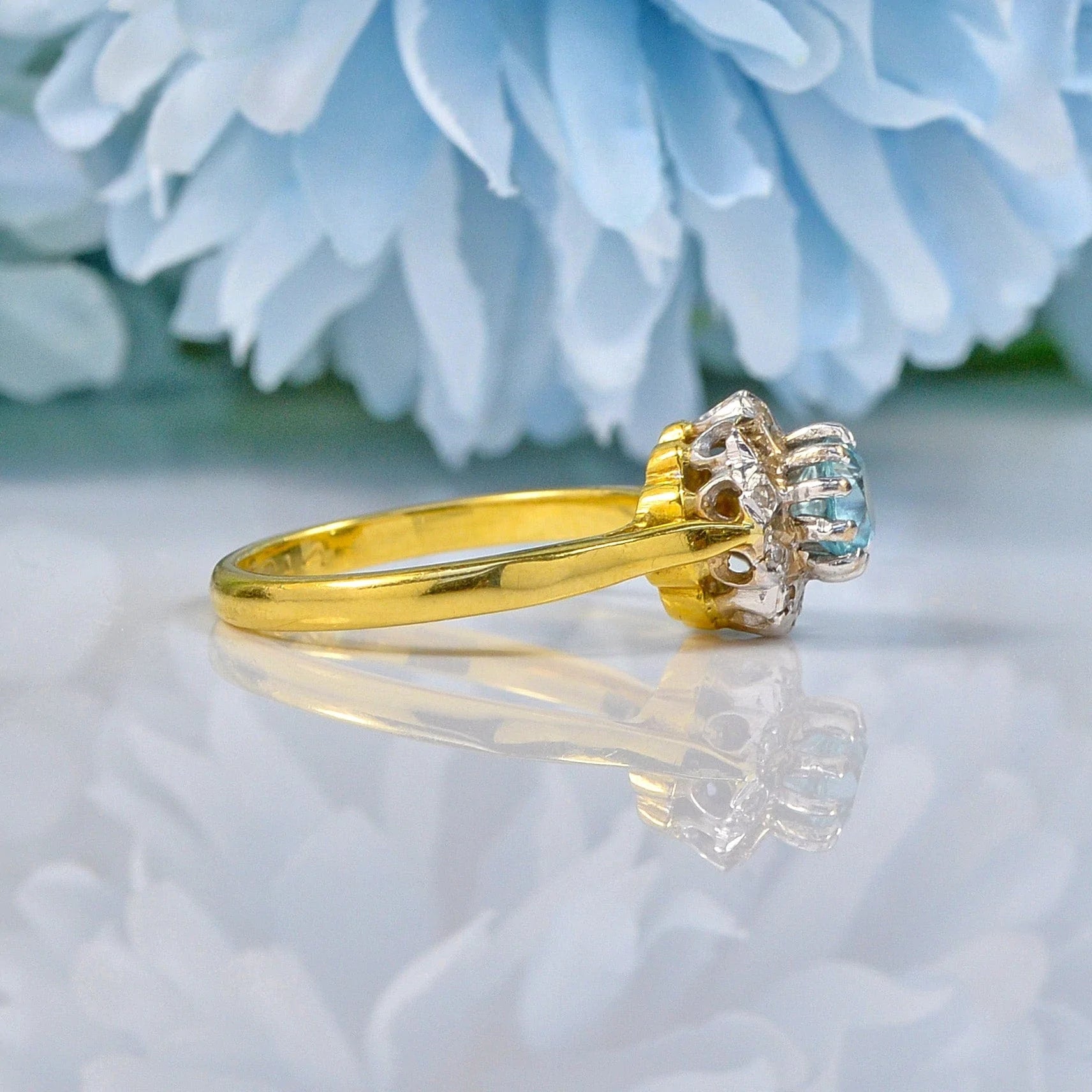 Ellibelle Jewellery VINTAGE AQUAMARINE & DIAMOND 18CT GOLD HALO RING