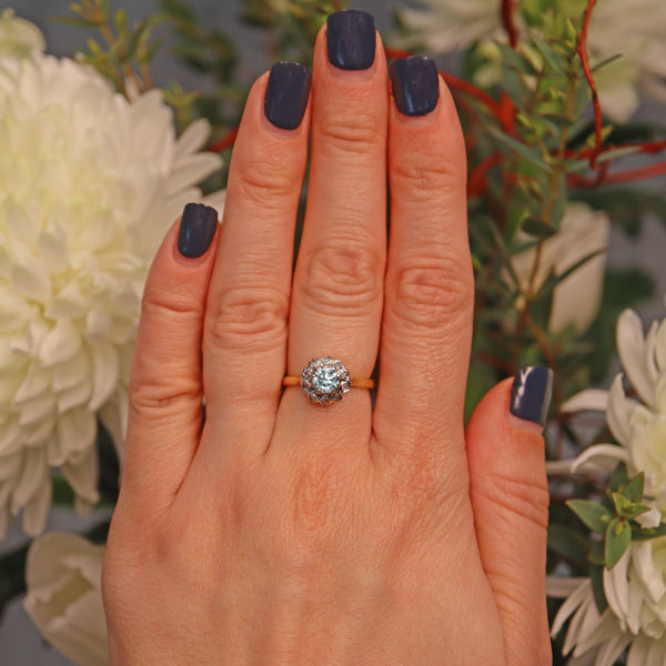 Ellibelle Jewellery VINTAGE AQUAMARINE & DIAMOND 18CT GOLD HALO RING