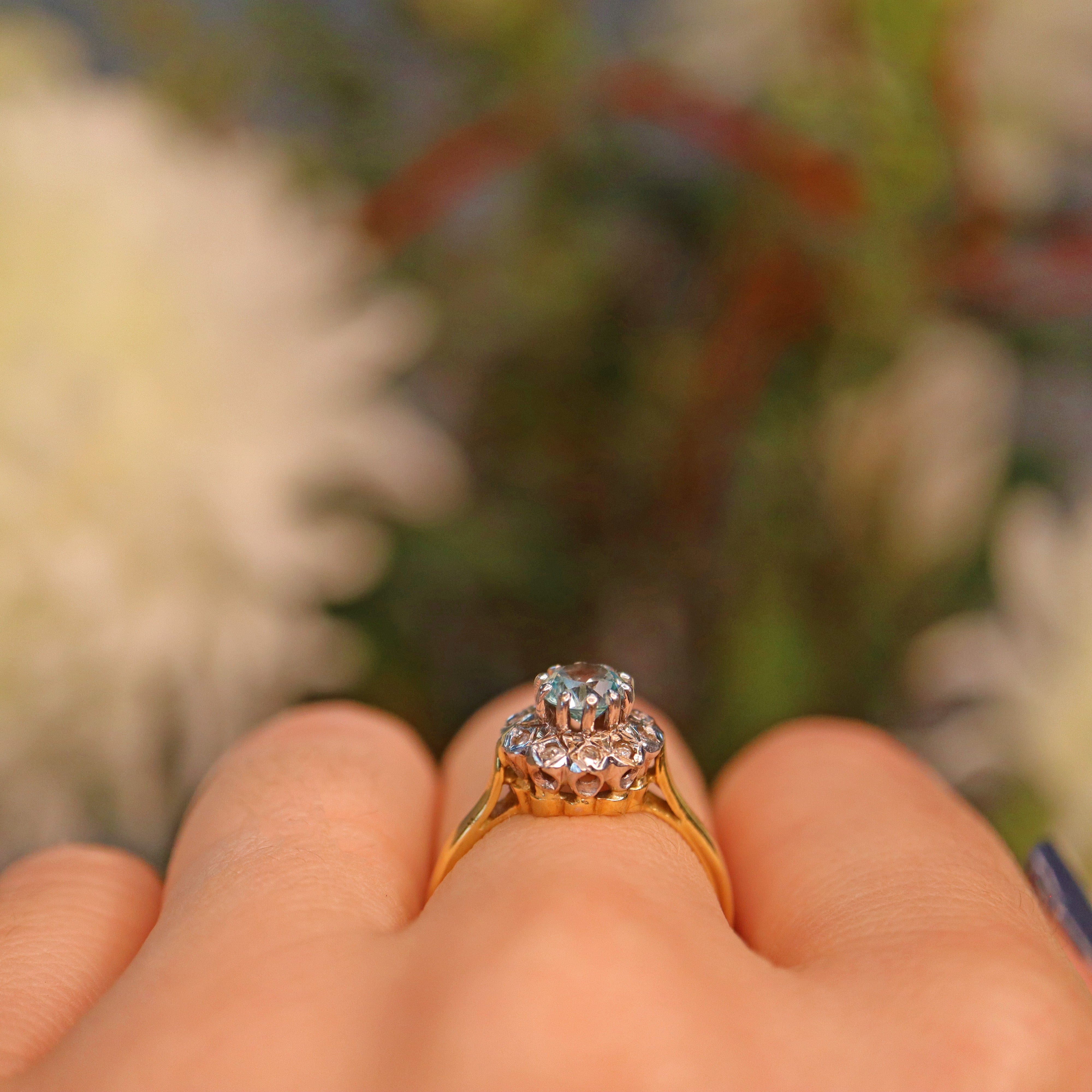 Ellibelle Jewellery VINTAGE AQUAMARINE & DIAMOND 18CT GOLD HALO RING