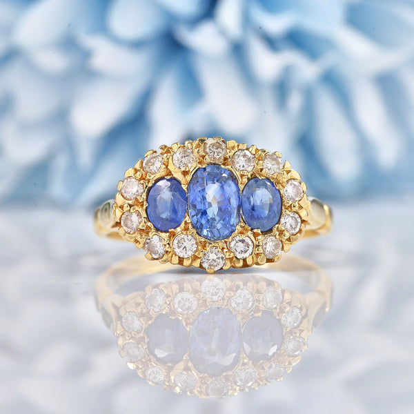 Ellibelle Jewellery Vintage Blue Sapphire & Diamond 14ct Gold Triple Cluster Ring