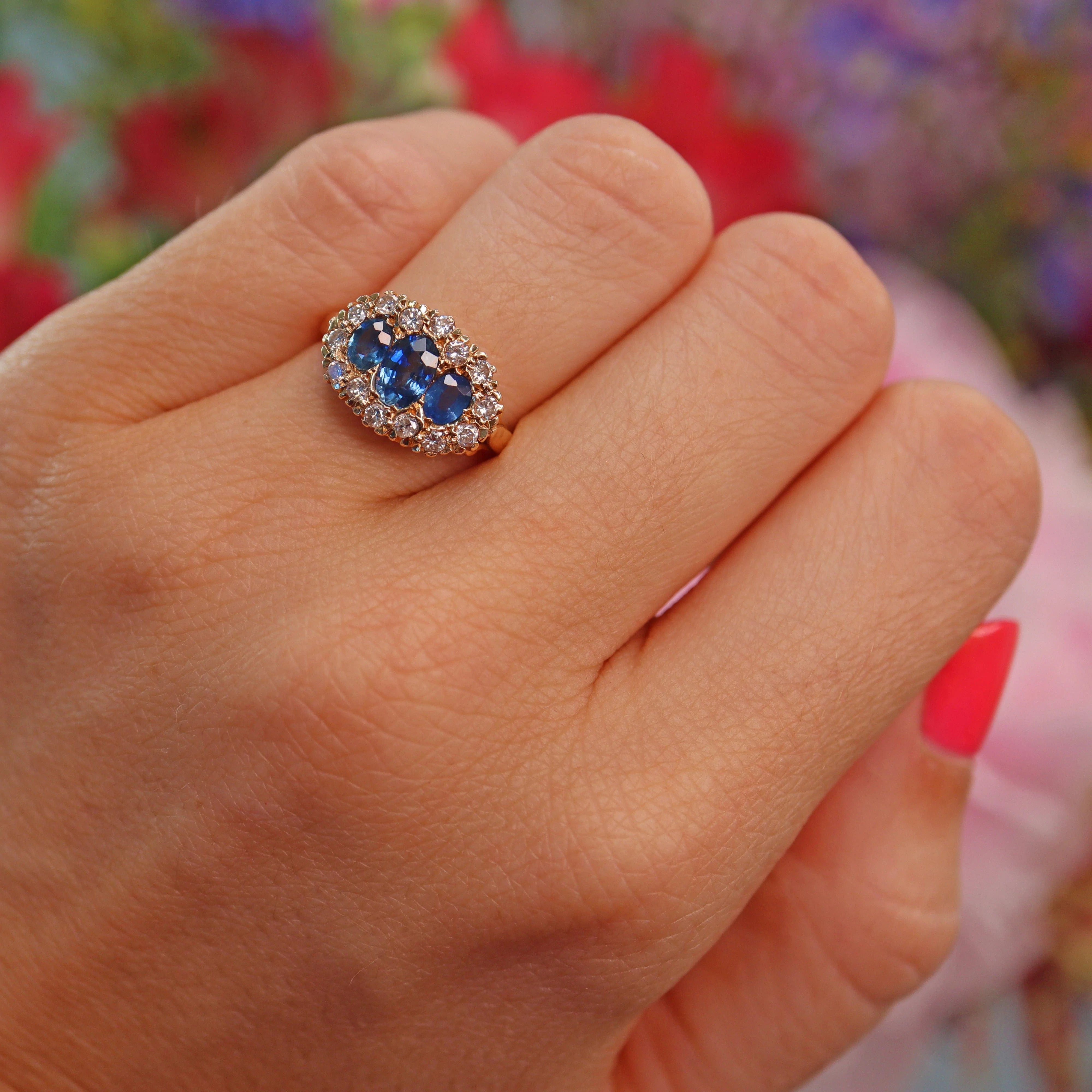 Ellibelle Jewellery Vintage Blue Sapphire & Diamond 14ct Gold Triple Cluster Ring
