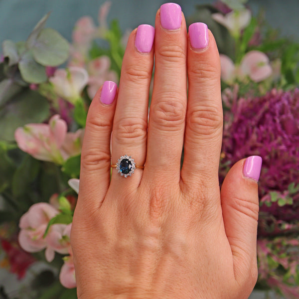 Ellibelle Jewellery Vintage Blue Sapphire & Diamond 18ct Gold Cluster Ring