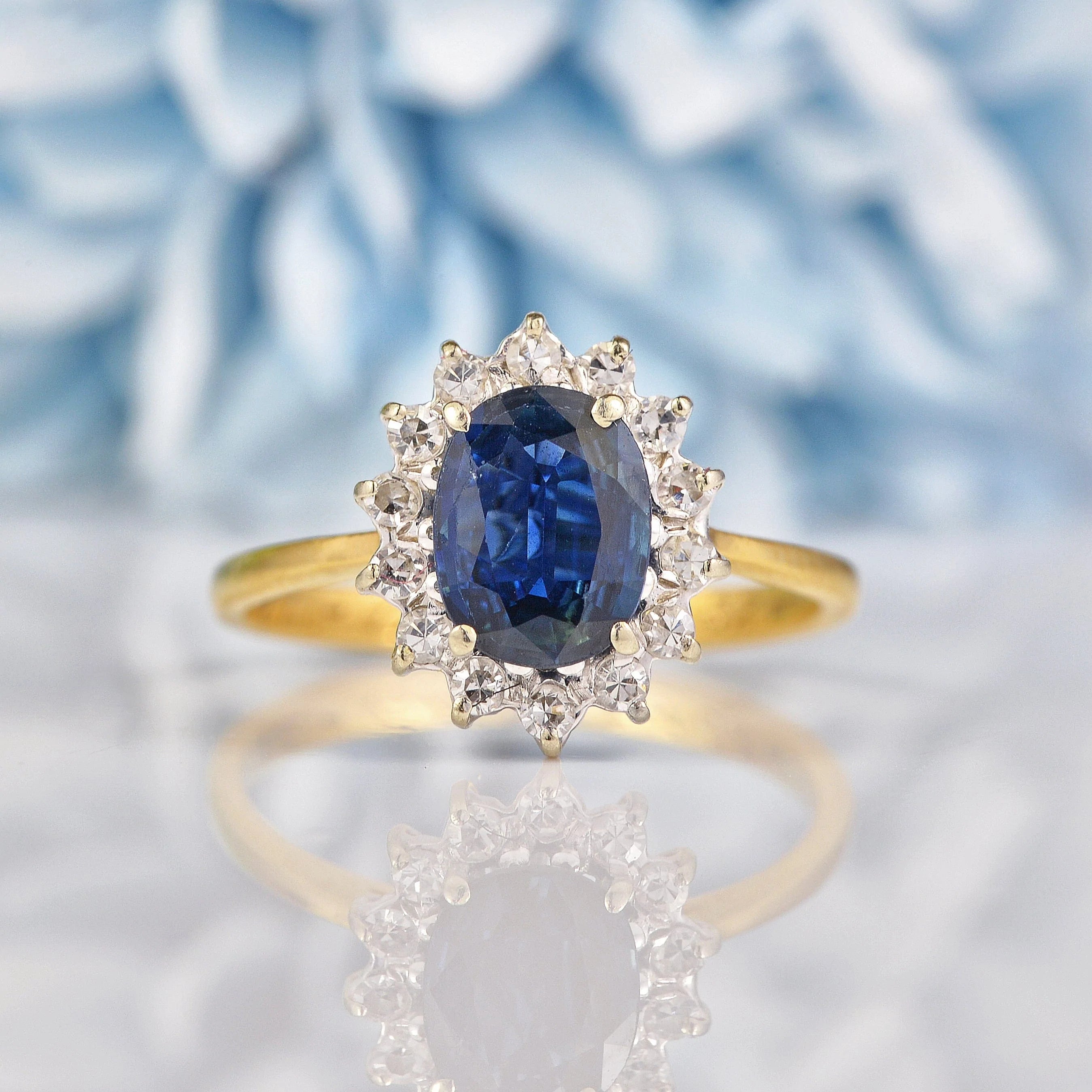 Ellibelle Jewellery Vintage Blue Sapphire & Diamond 18ct Gold Cluster Ring