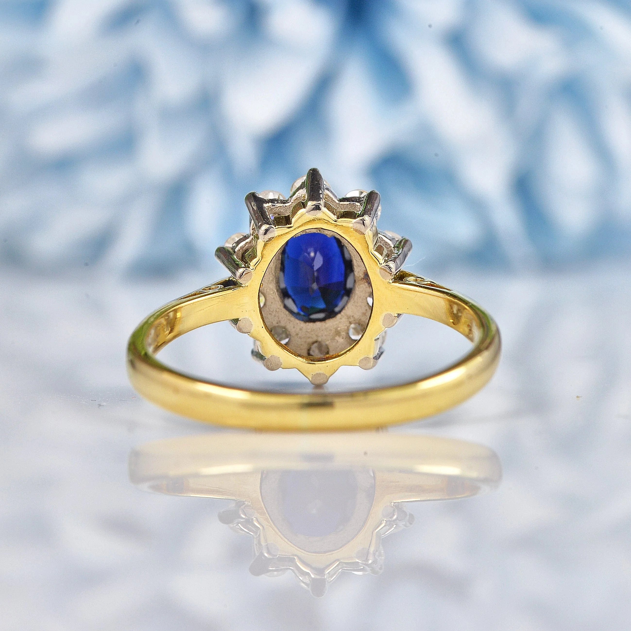 Ellibelle Jewellery Vintage Blue Sapphire & Diamond 18ct Gold Oval Cluster Ring