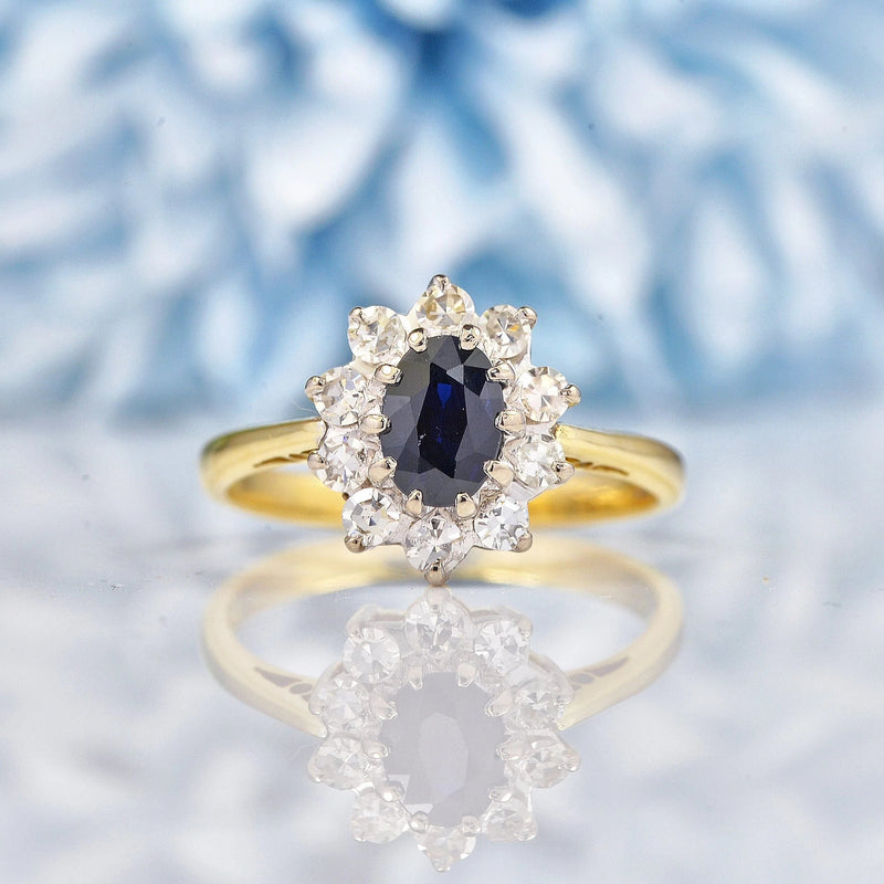 Ellibelle Jewellery Vintage Blue Sapphire & Diamond 18ct Gold Oval Cluster Ring