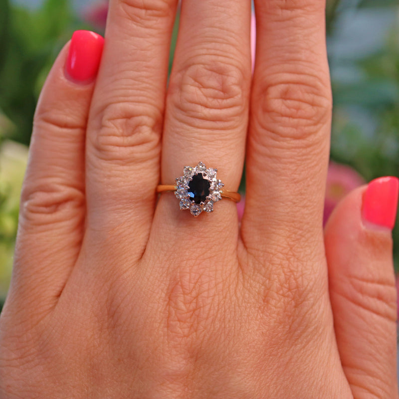 Ellibelle Jewellery Vintage Blue Sapphire & Diamond 18ct Gold Oval Cluster Ring