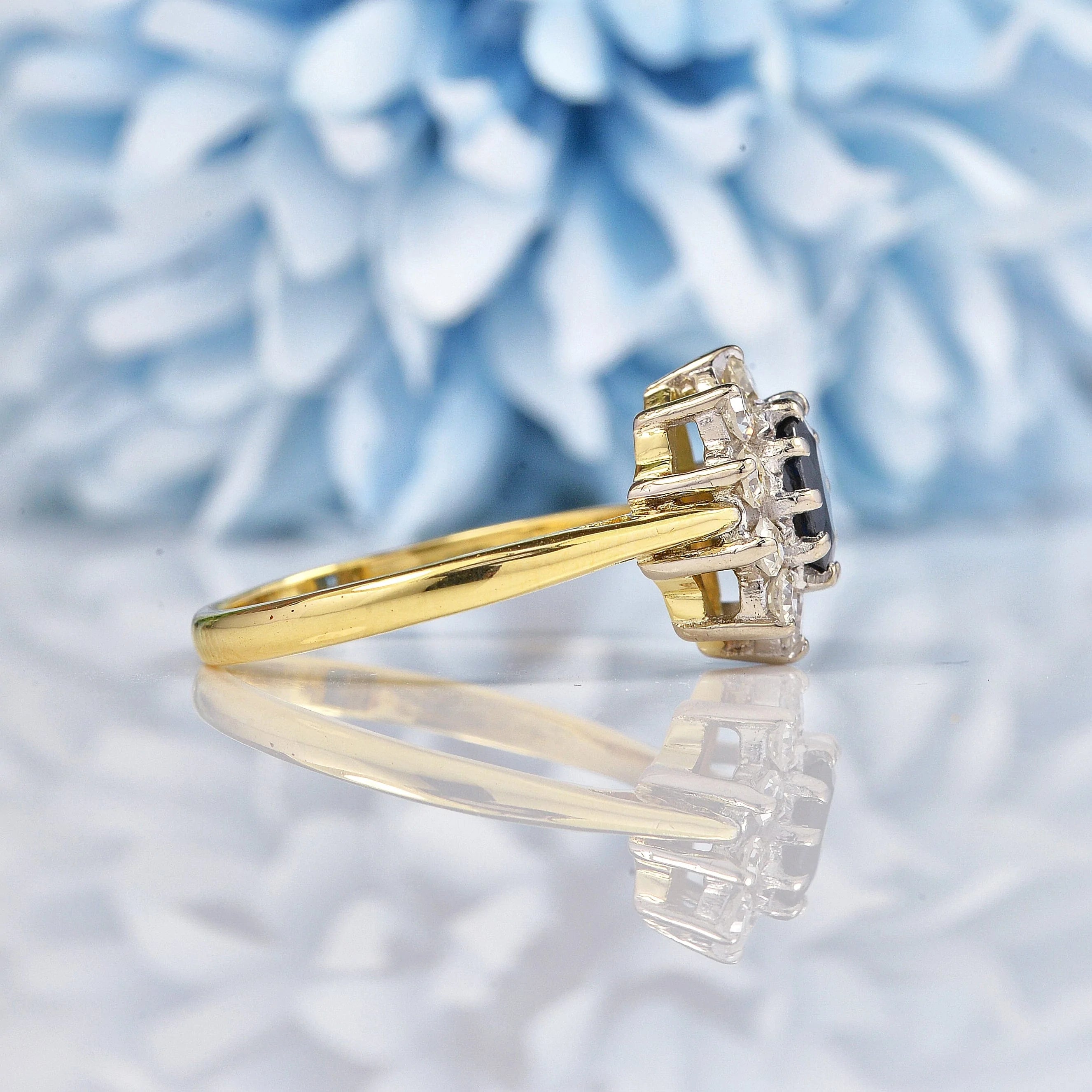 Ellibelle Jewellery Vintage Blue Sapphire & Diamond 18ct Gold Oval Cluster Ring
