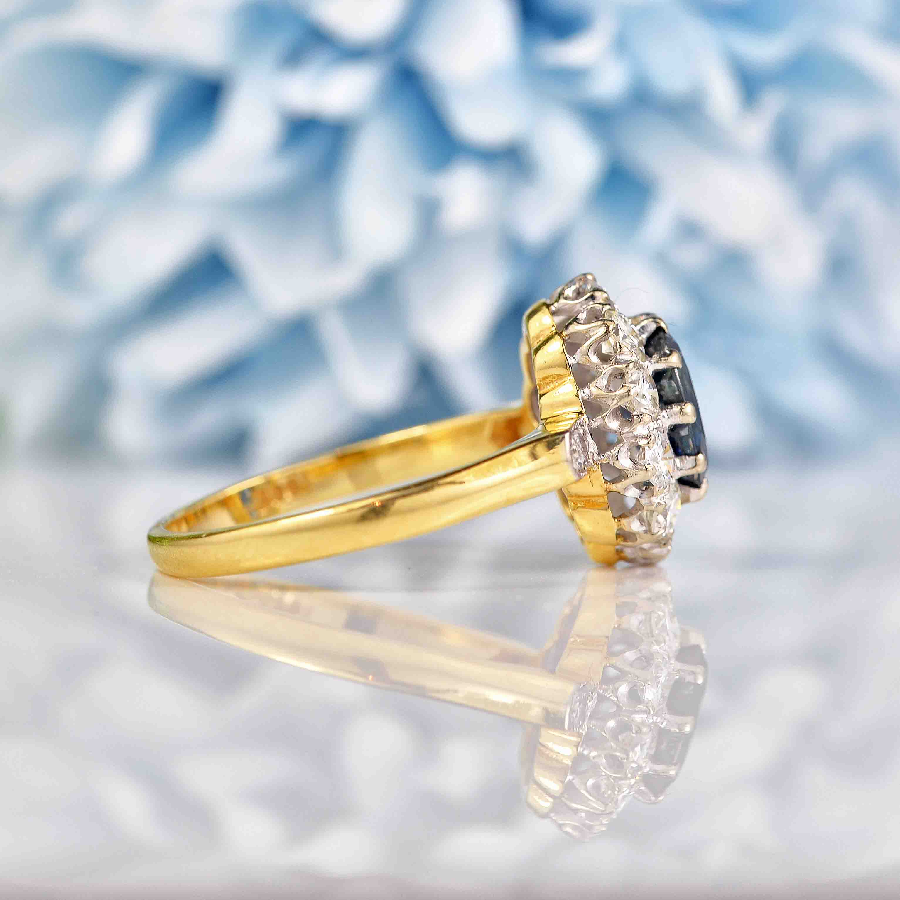 Ellibelle Jewellery Vintage Blue Sapphire & Diamond 18ct Gold Oval Cluster Ring