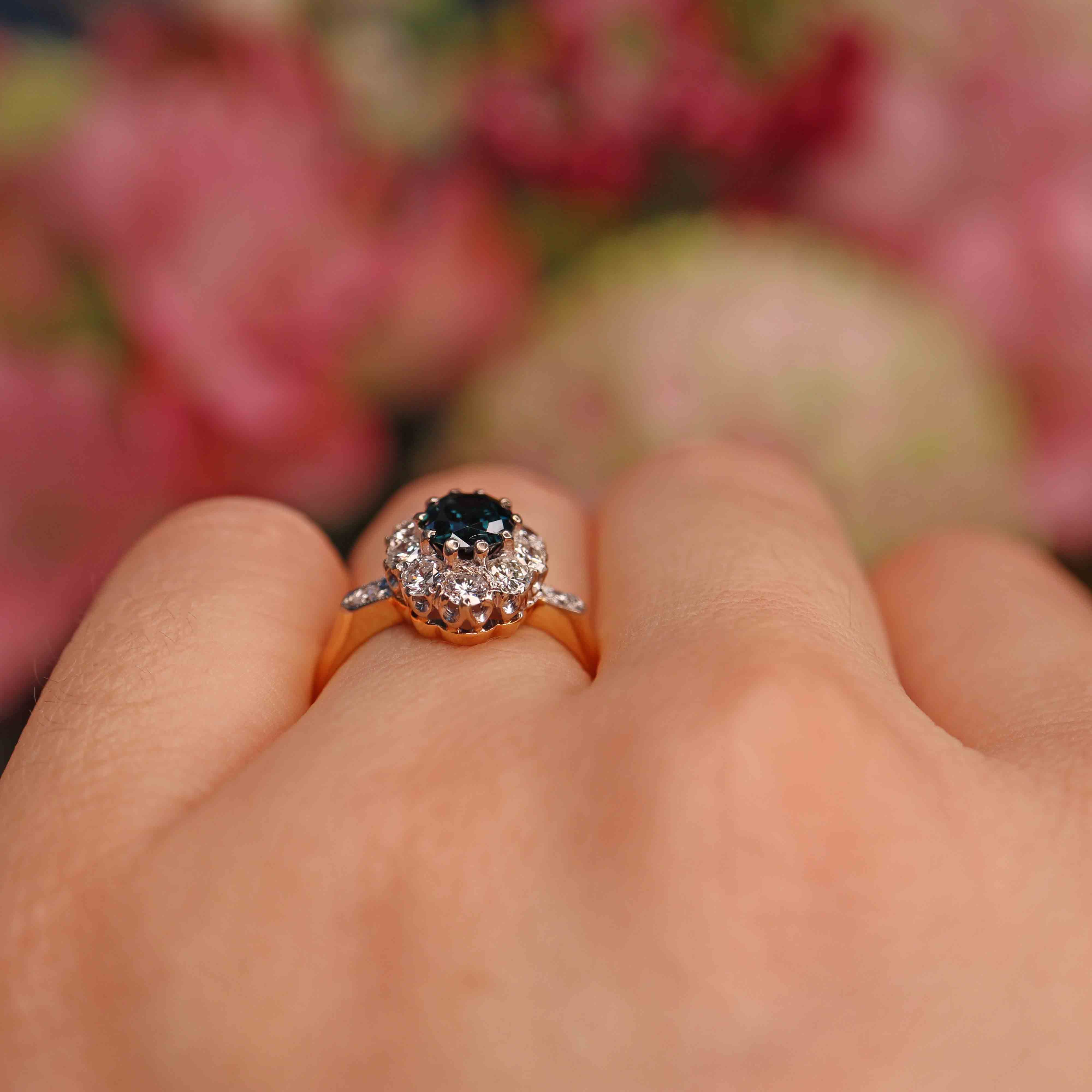 Ellibelle Jewellery Vintage Blue Sapphire & Diamond 18ct Gold Oval Cluster Ring