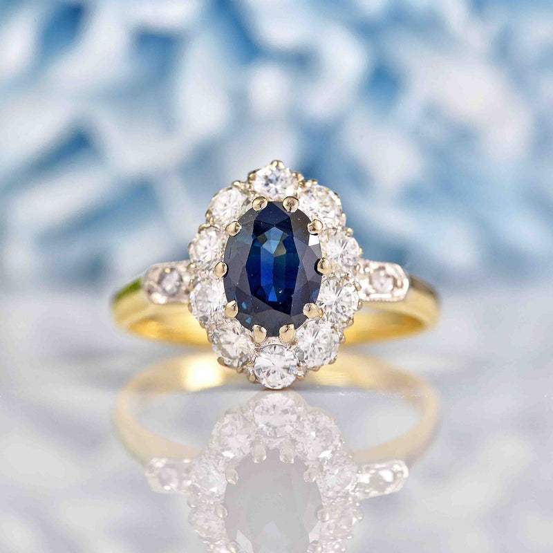 Ellibelle Jewellery Vintage Blue Sapphire & Diamond 18ct Gold Oval Cluster Ring