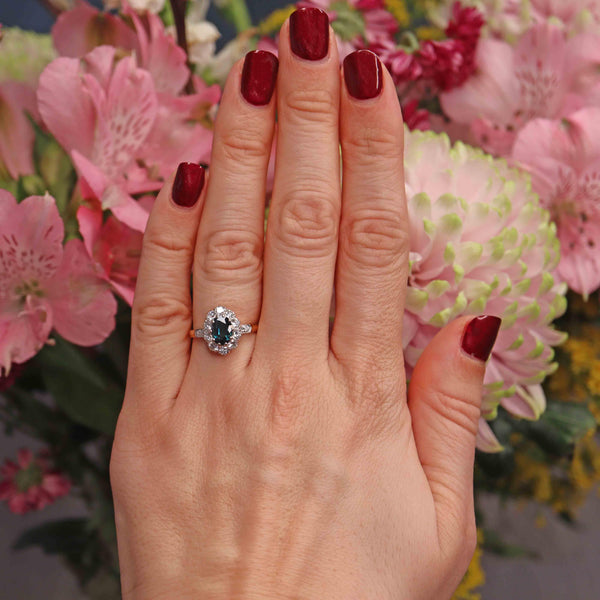 Ellibelle Jewellery Vintage Blue Sapphire & Diamond 18ct Gold Oval Cluster Ring