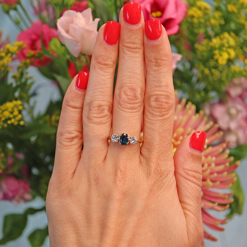 Ellibelle Jewellery Vintage Blue Sapphire & Diamond 18ct Gold Trilogy Ring