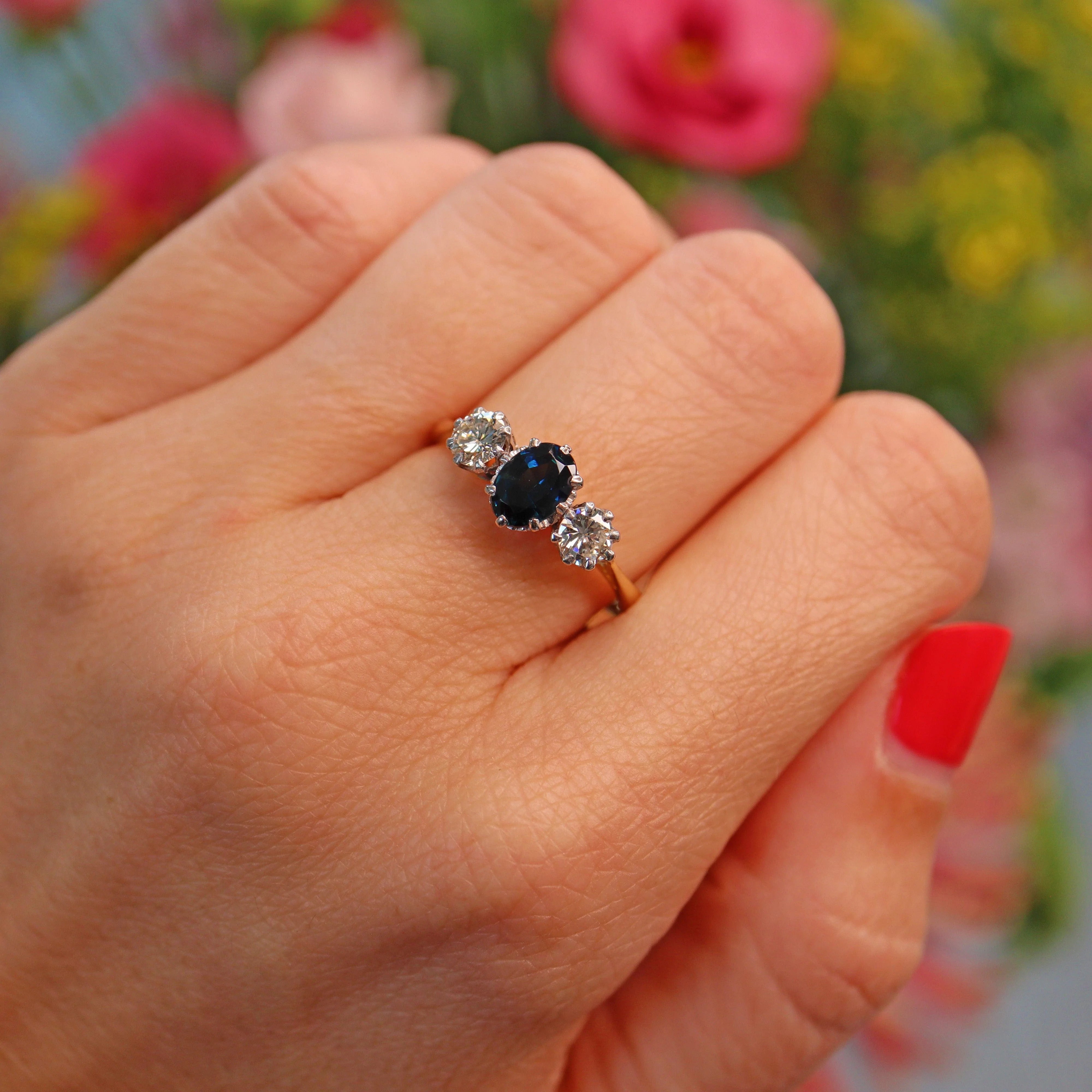 Ellibelle Jewellery Vintage Blue Sapphire & Diamond 18ct Gold Trilogy Ring