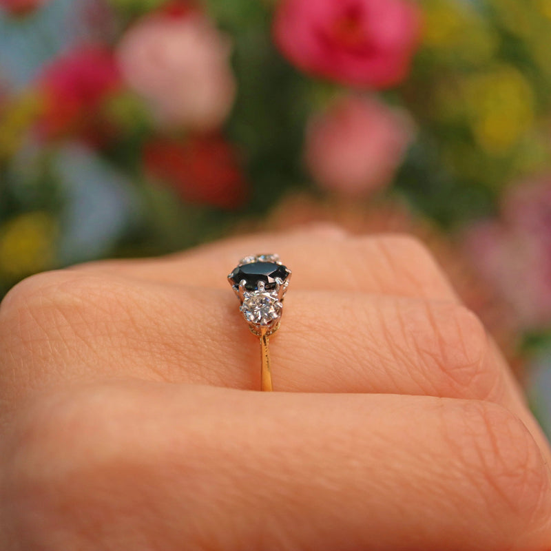 Ellibelle Jewellery Vintage Blue Sapphire & Diamond 18ct Gold Trilogy Ring