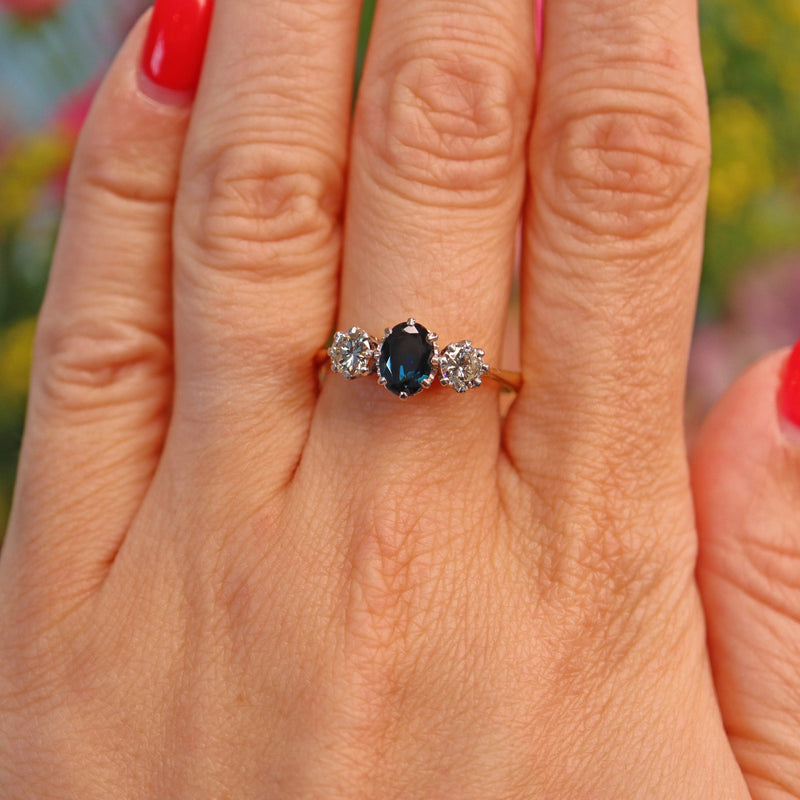 Ellibelle Jewellery Vintage Blue Sapphire & Diamond 18ct Gold Trilogy Ring