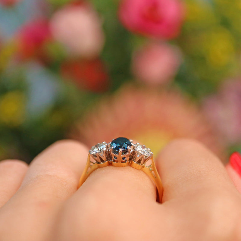 Ellibelle Jewellery Vintage Blue Sapphire & Diamond 18ct Gold Trilogy Ring