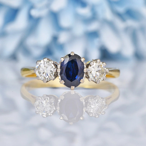 Ellibelle Jewellery Vintage Blue Sapphire & Diamond 18ct Gold Trilogy Ring