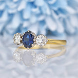 Ellibelle Jewellery Vintage Blue Sapphire & Diamond 18ct Gold Trilogy Ring