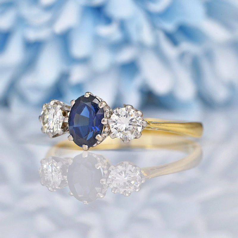 Ellibelle Jewellery Vintage Blue Sapphire & Diamond 18ct Gold Trilogy Ring
