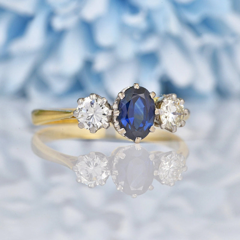 Ellibelle Jewellery Vintage Blue Sapphire & Diamond 18ct Gold Trilogy Ring