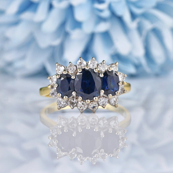 Ellibelle Jewellery Vintage Blue Sapphire & Diamond Yellow Gold Triple Cluster Ring